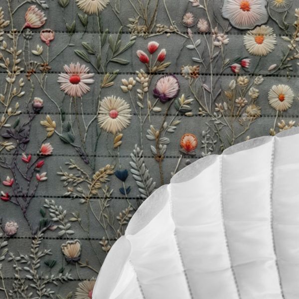 Lyocell plátno vyšívané lúčne kvety potlač šedá Antonia
