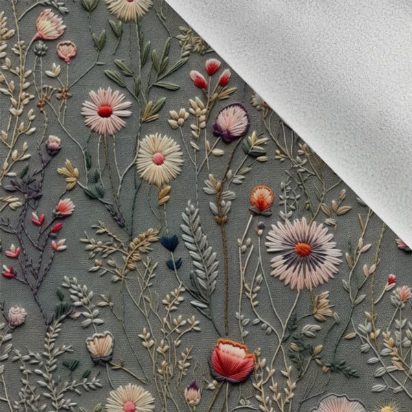 Flaušová kabátovina vyšívané lúčne kvety potlač šedá Antonia