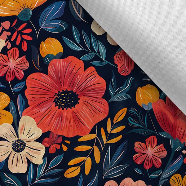 Dizajnová ekokoža (koženka) s potlačou farebné kvety na tmavomodrej