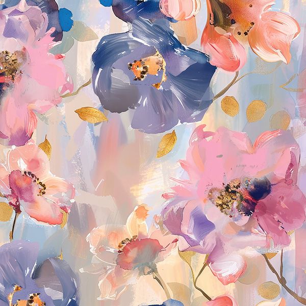 Látka s potlačou nepremokavý polyester TD/NS jarné kvety pastel maľovaný