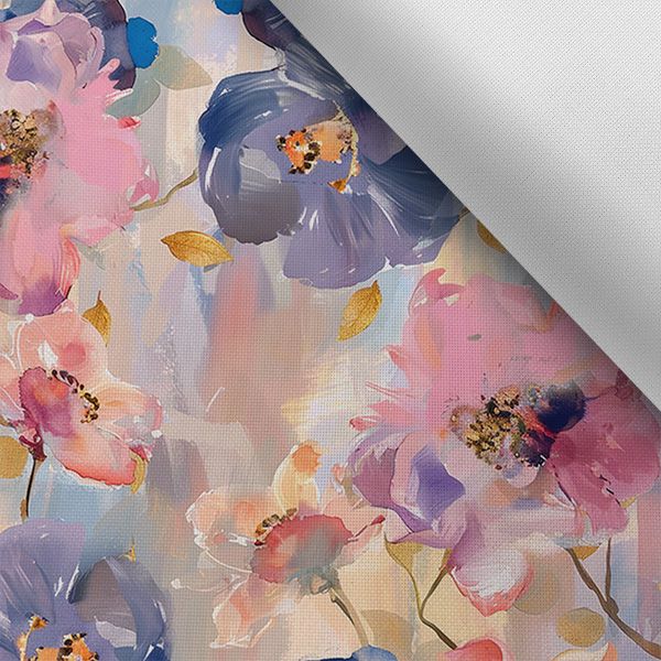 Látka s potlačou nepremokavý polyester TD/NS jarné kvety pastel maľovaný MAXI vzor
