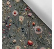 Látka s potlačou nepremokavý polyester TD/NS vyšívané lúčne kvety potlač šedá Antonia