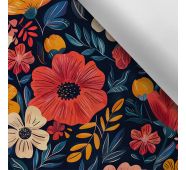 Látka s potlačou nepremokavý polyester TD/NS farebné kvety na tmavomodrej MAXI vzor