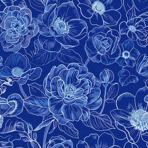 Polomatný satén elastický kvety imitácia modrotlače