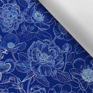 Látka s potlačou nepremokavý polyester TD/NS kvety imitácia modrotlače MAXI vzor
