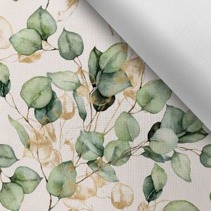 Látka s potlačou nepremokavý polyester TD/NS Eukalyptus biely