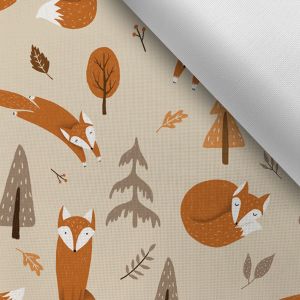 Látka s potlačou nepremokavý polyester TD/NS jesenné líšky béžové