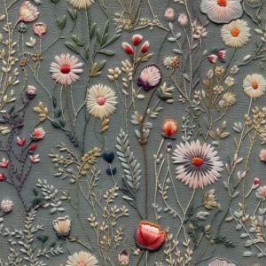 2. Trieda - Odevný strečový zamat vyšívané lúčne kvety potlač šedá Antonia
