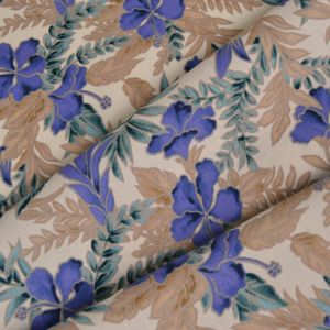 Bavlnený popelín Miki ecru - modrý kvet